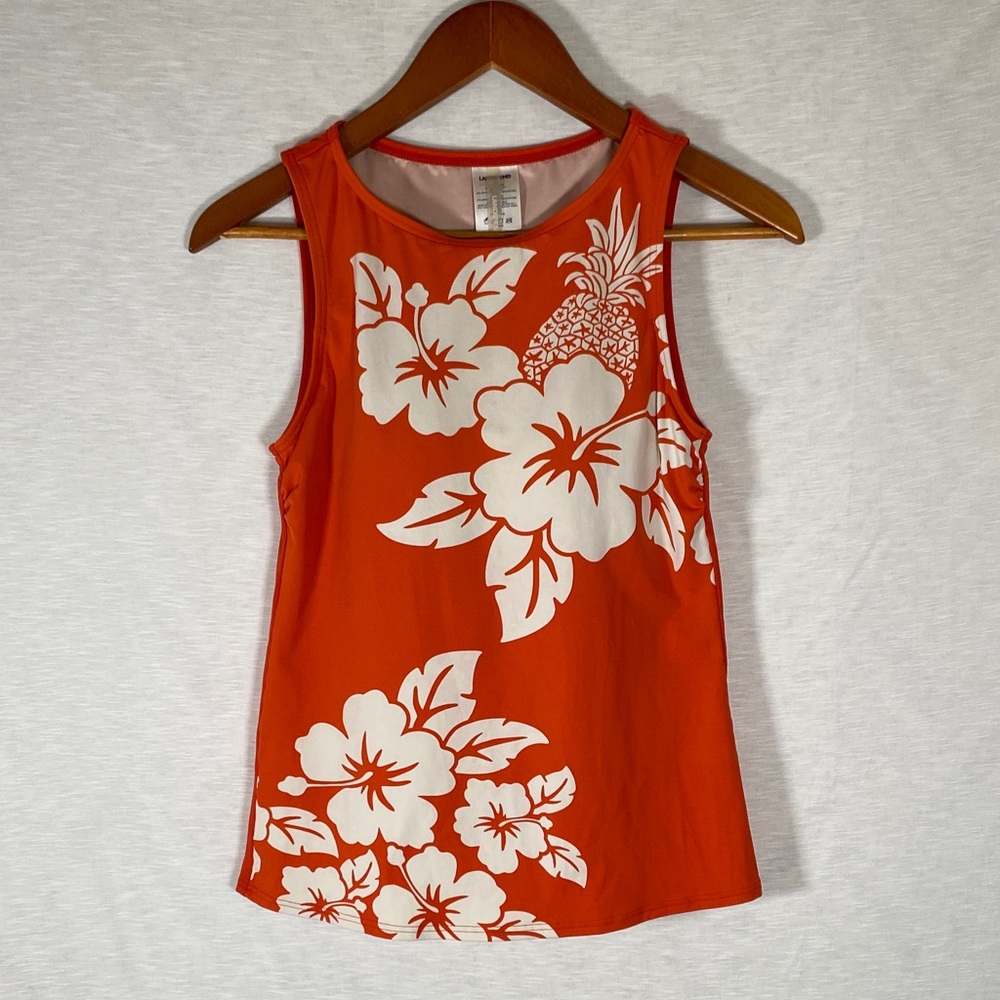 Lands' End Orange-Red White Tankini Swim Top Women’s 4 Floral Tropical Pineapple